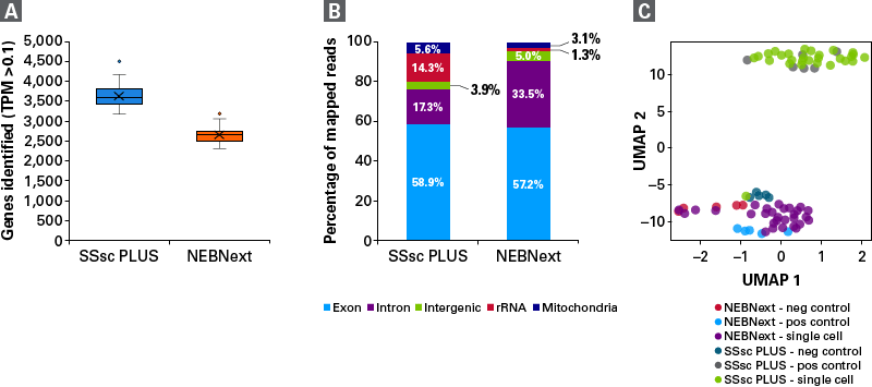 SSsc PLUS outperforms NEBNext in terms terms of sensitivity and discrimination between sample and control